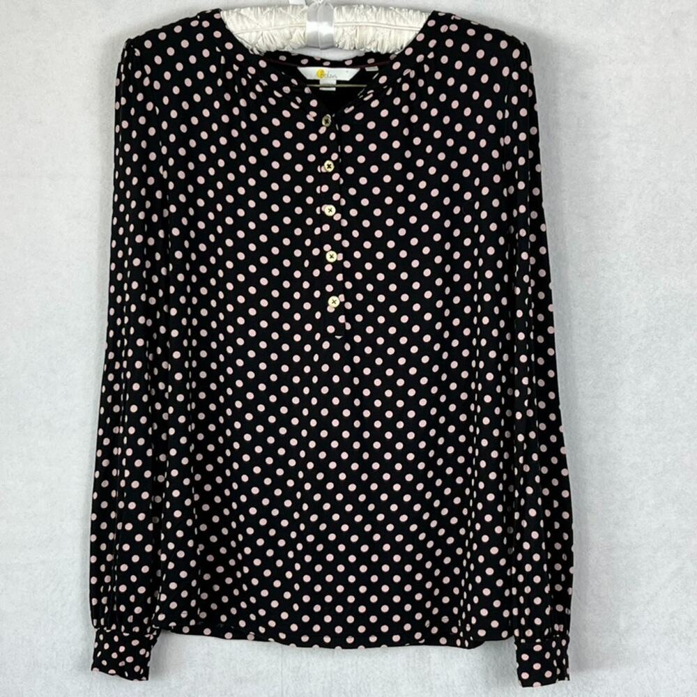 Boden Long Sleeve Top Women's US 6 Henley V-Neck Black Pink Polka Dot